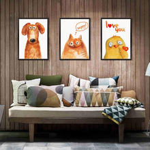 Load image into Gallery viewer, A set of three wall decals featuring cartoon animal characters, including a dog, a cat, and a bird, displayed above a sofa in a living room setting.