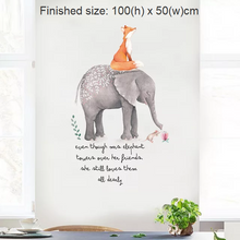 Load image into Gallery viewer, A wall decal featuring an illustration of an elephant with a fox sitting on its back. The text on the decal reads: 'Even though my elephant towers over her friends, she still loves them all dearly