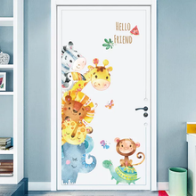 Load image into Gallery viewer, A colorful wall decal of various cartoon animals peeking through a door, with a transparent background.