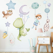 Load image into Gallery viewer, A colorful wall decal featuring a cartoon dinosaur and a kid riding a balloon, with other playful elements like stars and animals in the background.