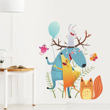 Load image into Gallery viewer, A colorful wall decal featuring a playful forest animals theme with a bear, deer, and fox in a whimsical composition.