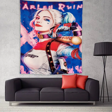 Load image into Gallery viewer, A tapestry featuring the character Harley Quinn in a colorful pose with a red and blue backdrop