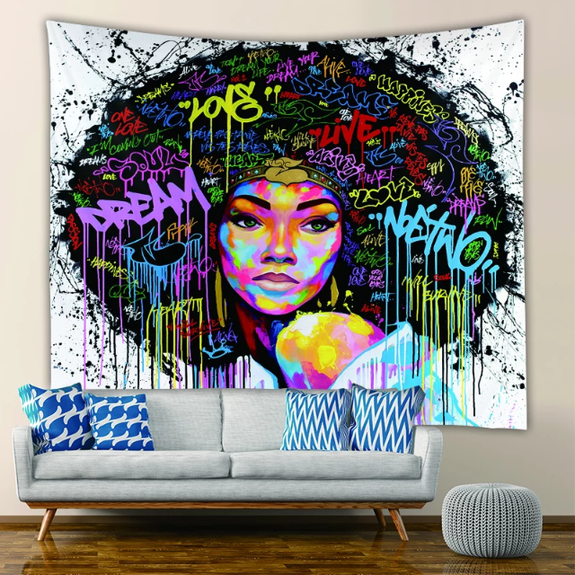 Tapestry : Graffiti Woman White - Printed.